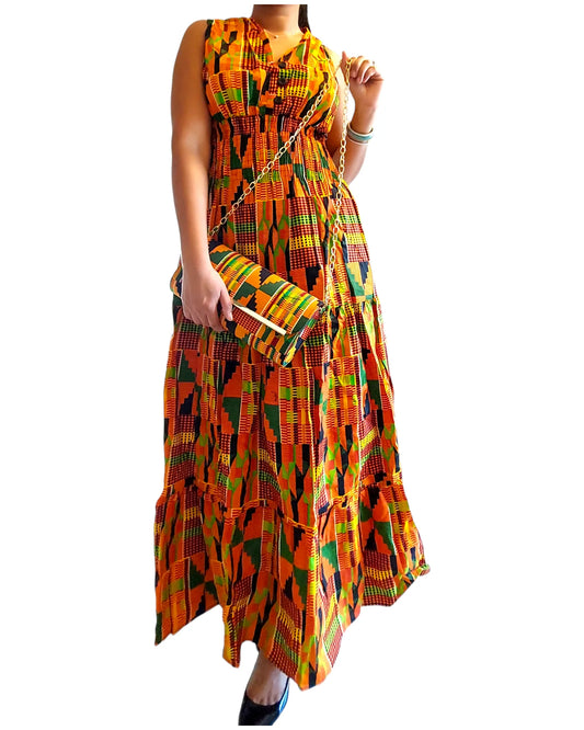 Smocked Dress with Head Scarf - Orange Kente (free size)