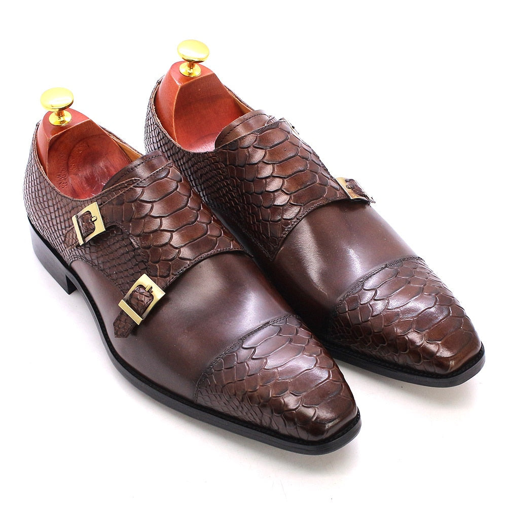 Genuine Leather Double Buckle Monk Strap Men Shoes, Snake Print