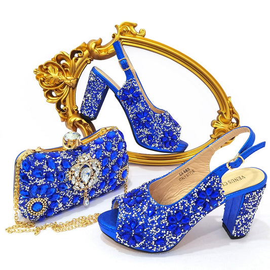 Nigerian Luxury Fashion Ladies High Heel Slippers and Bags Set with Rhinestones - Eight Color Choices