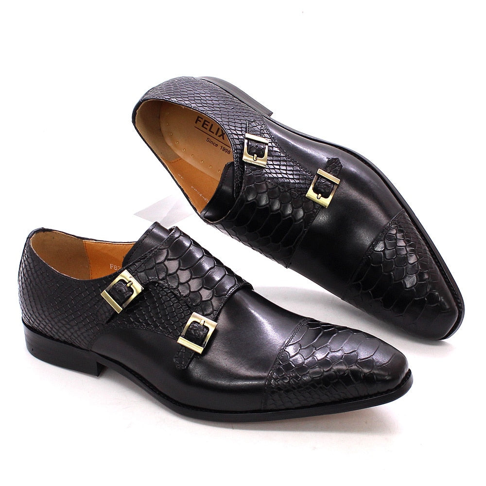 Mens Genuine Leather Double Buckle Monk Strap Snake Skin Shoes