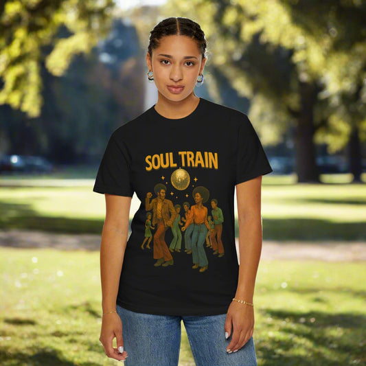 Person wearing a black t-shirt with 'Soul Train' graphic design on a white background