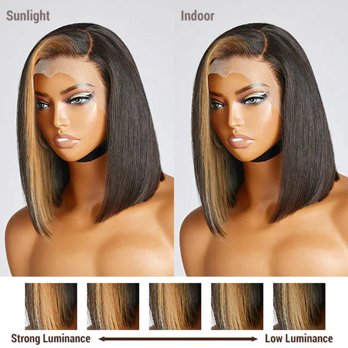 10 Inches Blonde Highlight Bob With Bangs #1B/27 13x4 Straight Frontal Lace C Part Short Wig