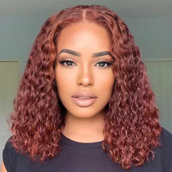 14 Inches 4x4 Pre-plucked Reddish Brown Curly Glueles Lace Closure Wig-100% Human Hair