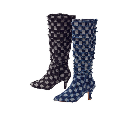 Dimensional Denim Check Boots by EY Boutique