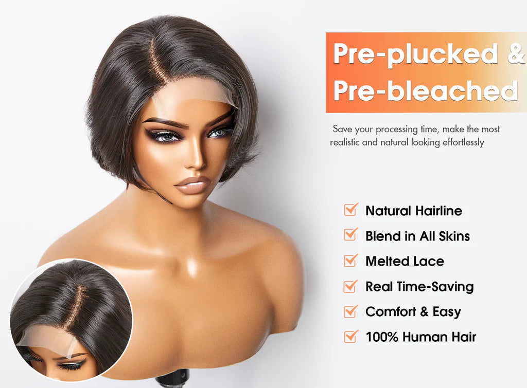 8 Inches 4"x4" Natural Black Straight Bob Side Part Lace Closure Wig-100% Human Hair