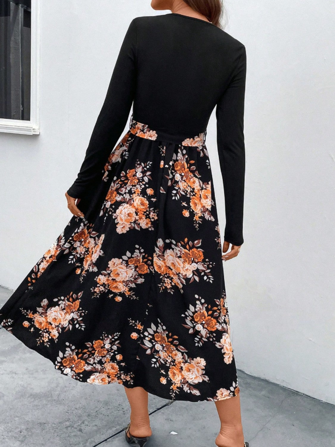 Floral V-Neck Long Sleeve Dress, Size XL