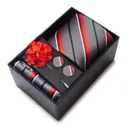 Men’s Silk Coordinated Tie Set w/Box - Red, Black, Gray Striped (FB237)