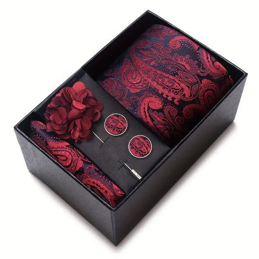 Men’s Silk Coordinated Tie Set w/Box - Red and Black Paisley (FB245)