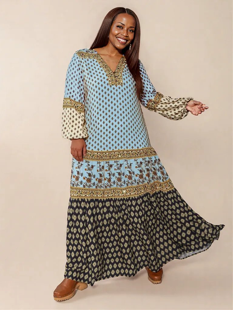 balloon sleeve maxi dress Navy Blue Gown - Backless - Navy Long Dress coconut wood buttons Plus Size Printed V-Neck Balloon