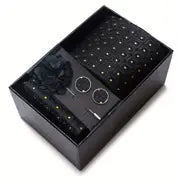 Men’s Silk Coordinated Tie Set w/Box - Black with small white dots (FB239)