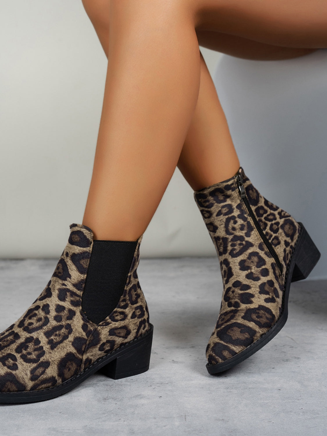 Leopard Point Toe Block Heel Boots, 2 patterns