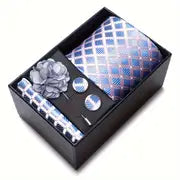 Men’s Silk Coordinated Tie Set w/Box - Pink Stripes with Light Blue Diamonds (FB243)