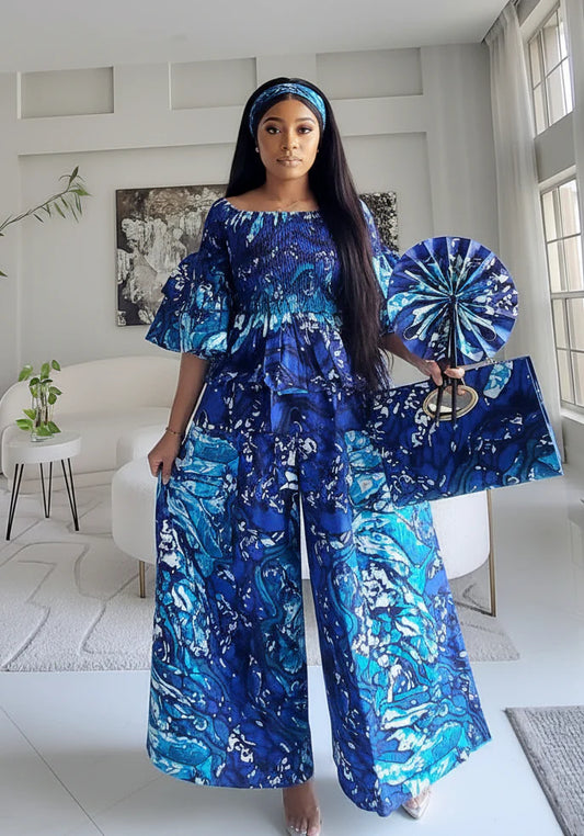 5-Piece African Ankara Pant Set - Blue Marble 019-PS14B