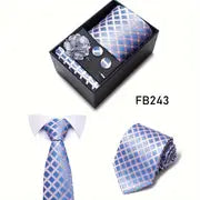 Men’s Silk Coordinated Tie Set w/Box - Pink Stripes with Light Blue Diamonds (FB243)