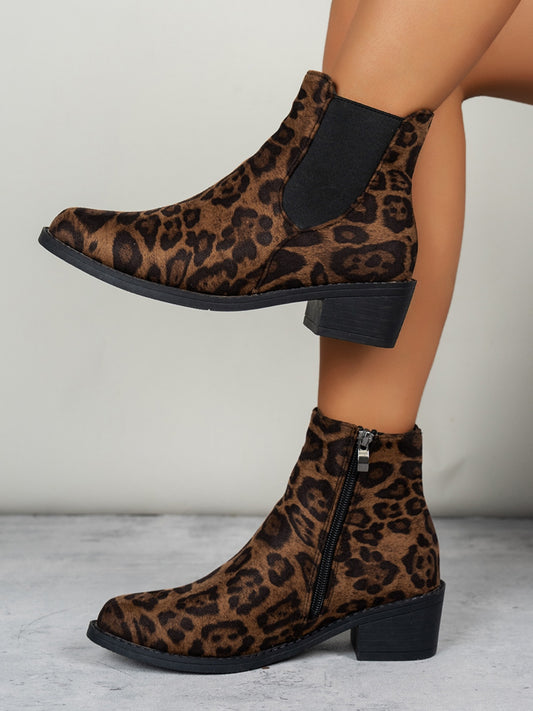 Leopard Point Toe Block Heel Boots, 2 patterns