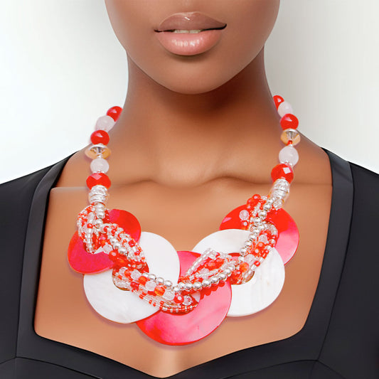 Red and White DST Beaded Disc Necklace Set