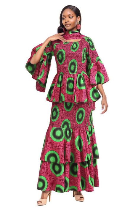 Watermelon Color Print Long Length Dress