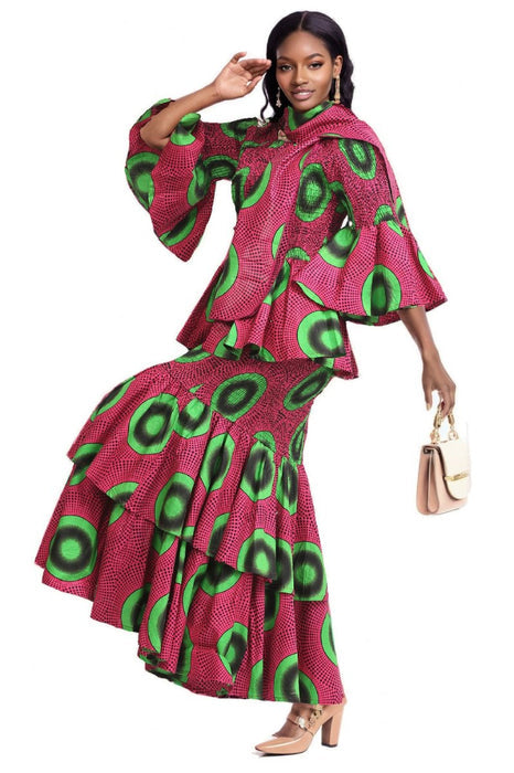 Watermelon Color Print Long Length Dress
