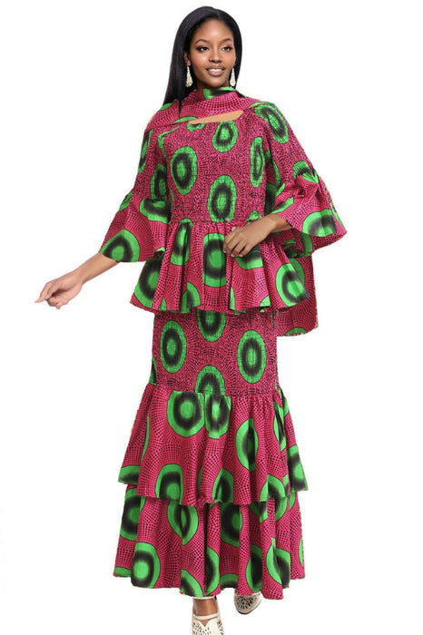 Watermelon Color Print Long Length Dress