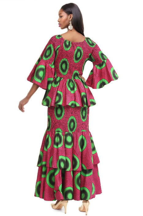 Watermelon Color Print Long Length Dress