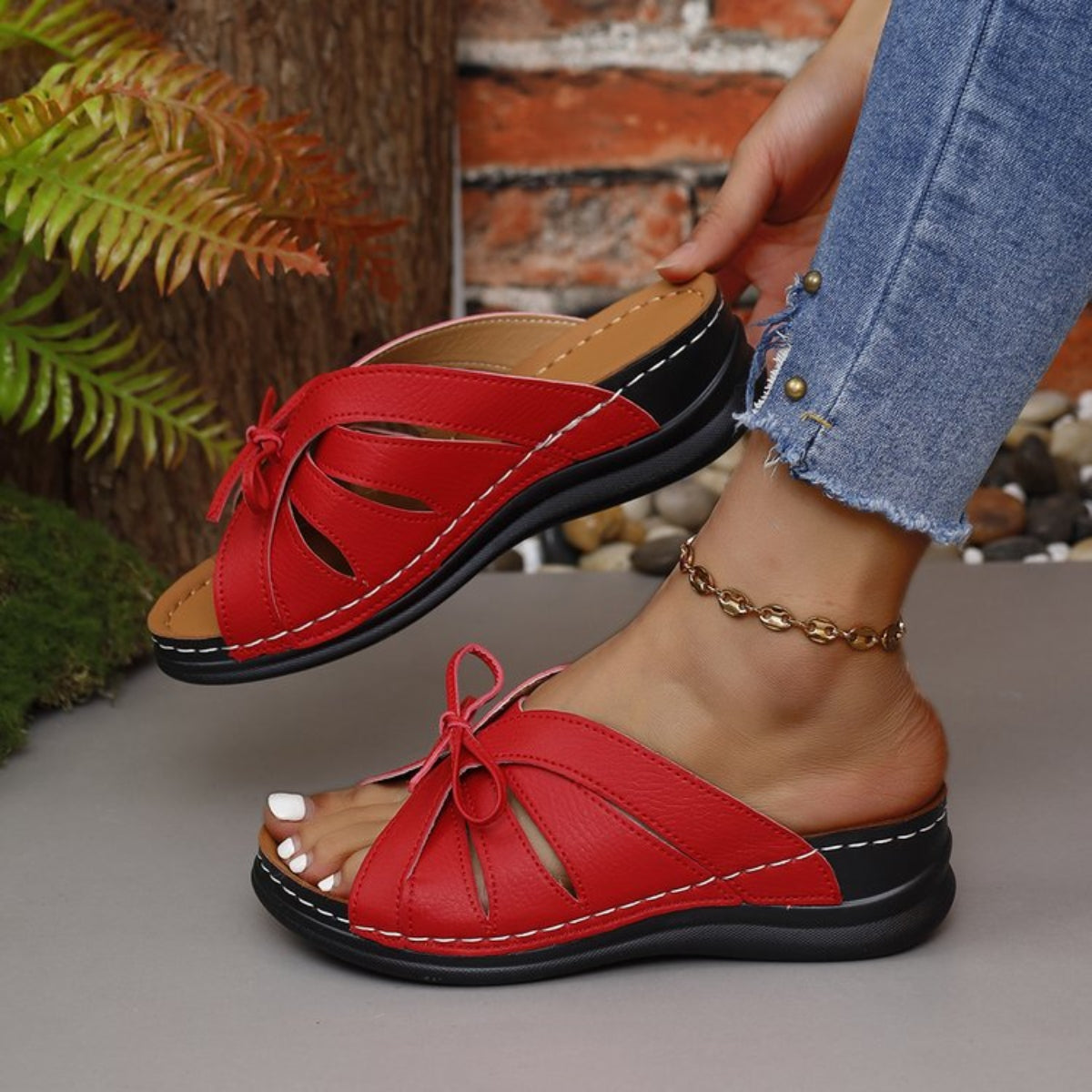 Tied Open Toe Low Heel Sandals, Six Colors