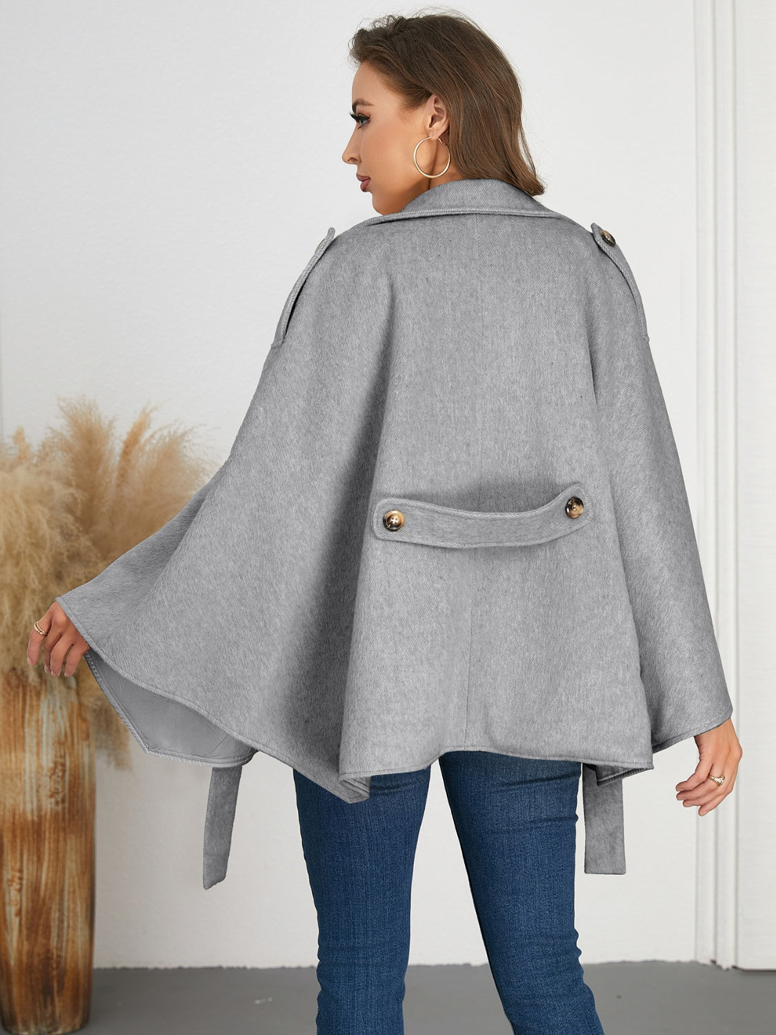 Double-Breasted Tie Waist Poncho