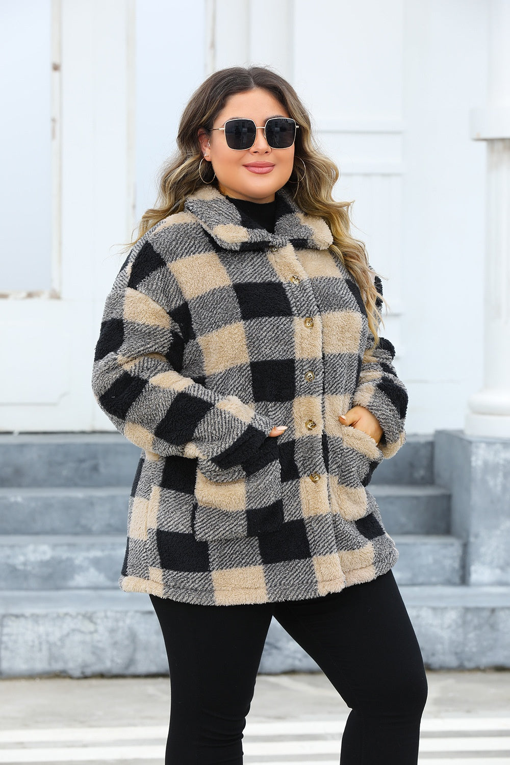 Plus Size Plaid Button Up Long Sleeve Coat