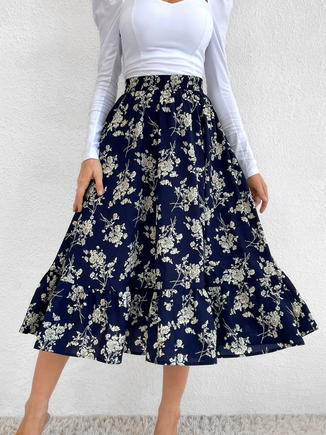 Printed Elastic Waist Midi Skirt