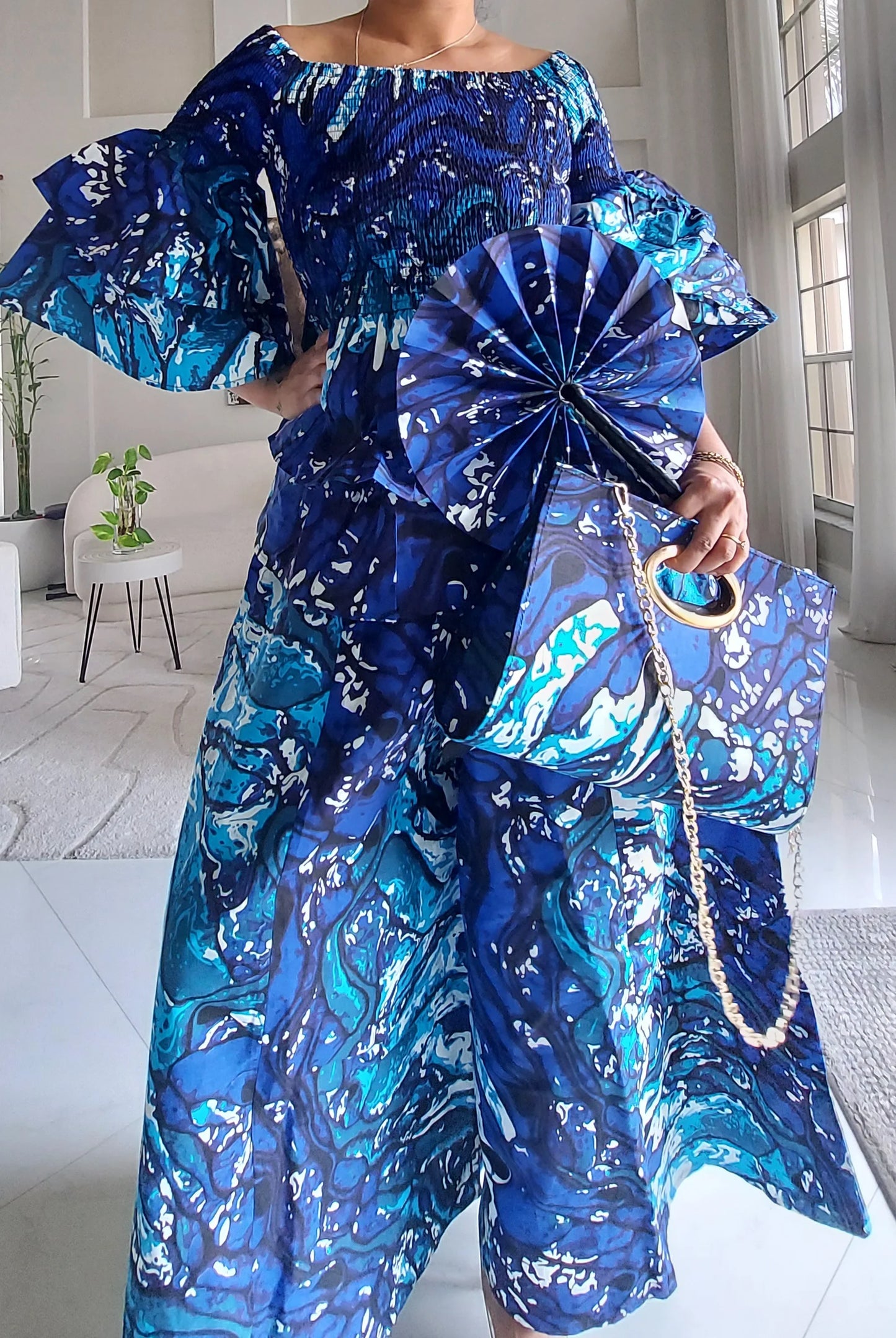 5-Piece African Ankara Pant Set - Blue Marble 019-PS14B