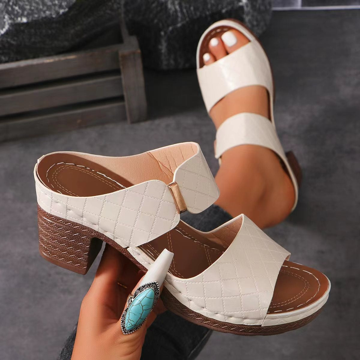 PU Leather Block Heel Sandals, Four Colors