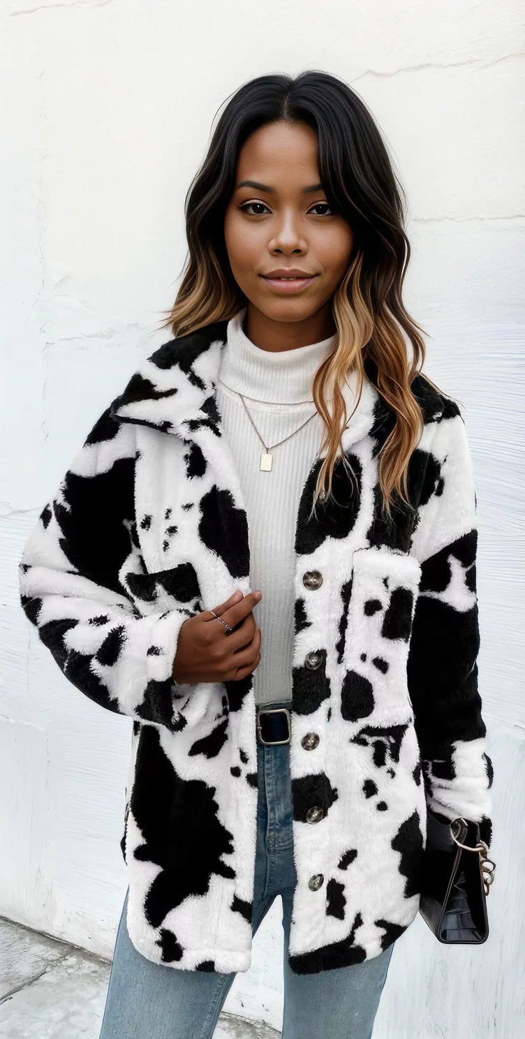 Cow Print Collared Neck Button Up Fuzzy Jacket