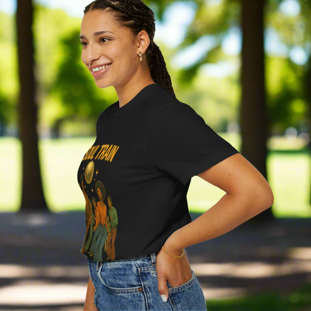 Woman wearing a black t-shirt with graphic design and text on a white background