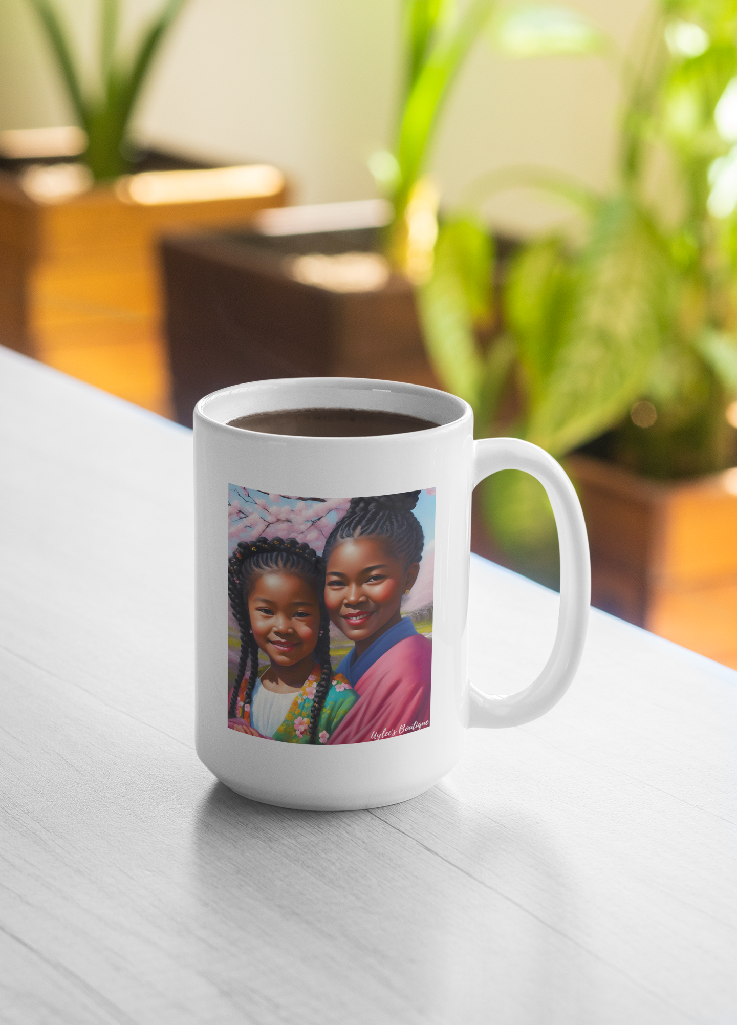 Beautiful Ceramic Custom Mug - African and Japanese Sisters in Cherry Blossoms