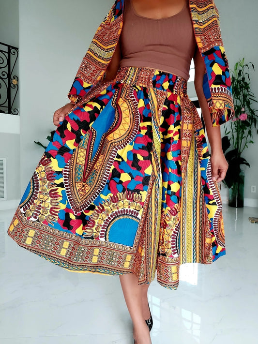 Women Mid Length Dashiki Print Skirt- Blue with headwrap (free size)
