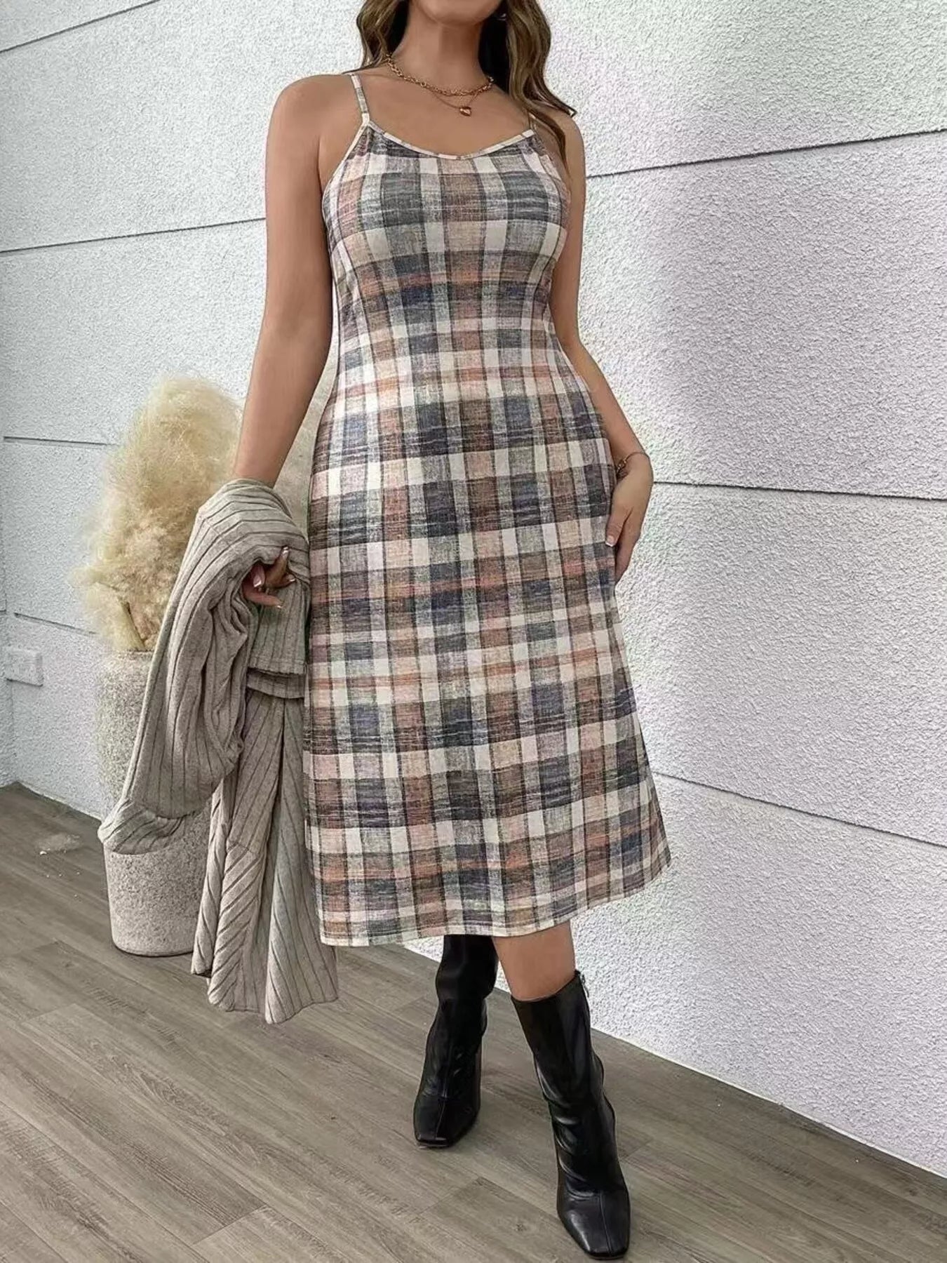 plus size plaid dress Full Size Plaid Dress & Ribbed Knit Cardigan Set Plus Size