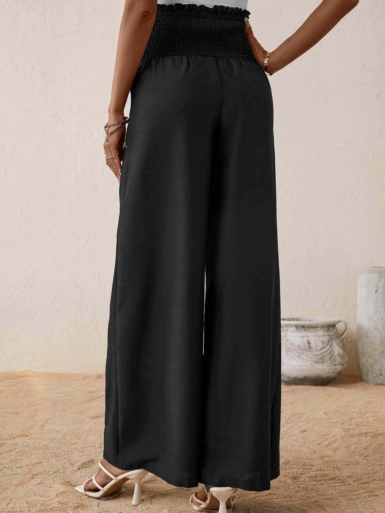High Smocked Waist Buttoned Relax Fit Long Pants - Black
