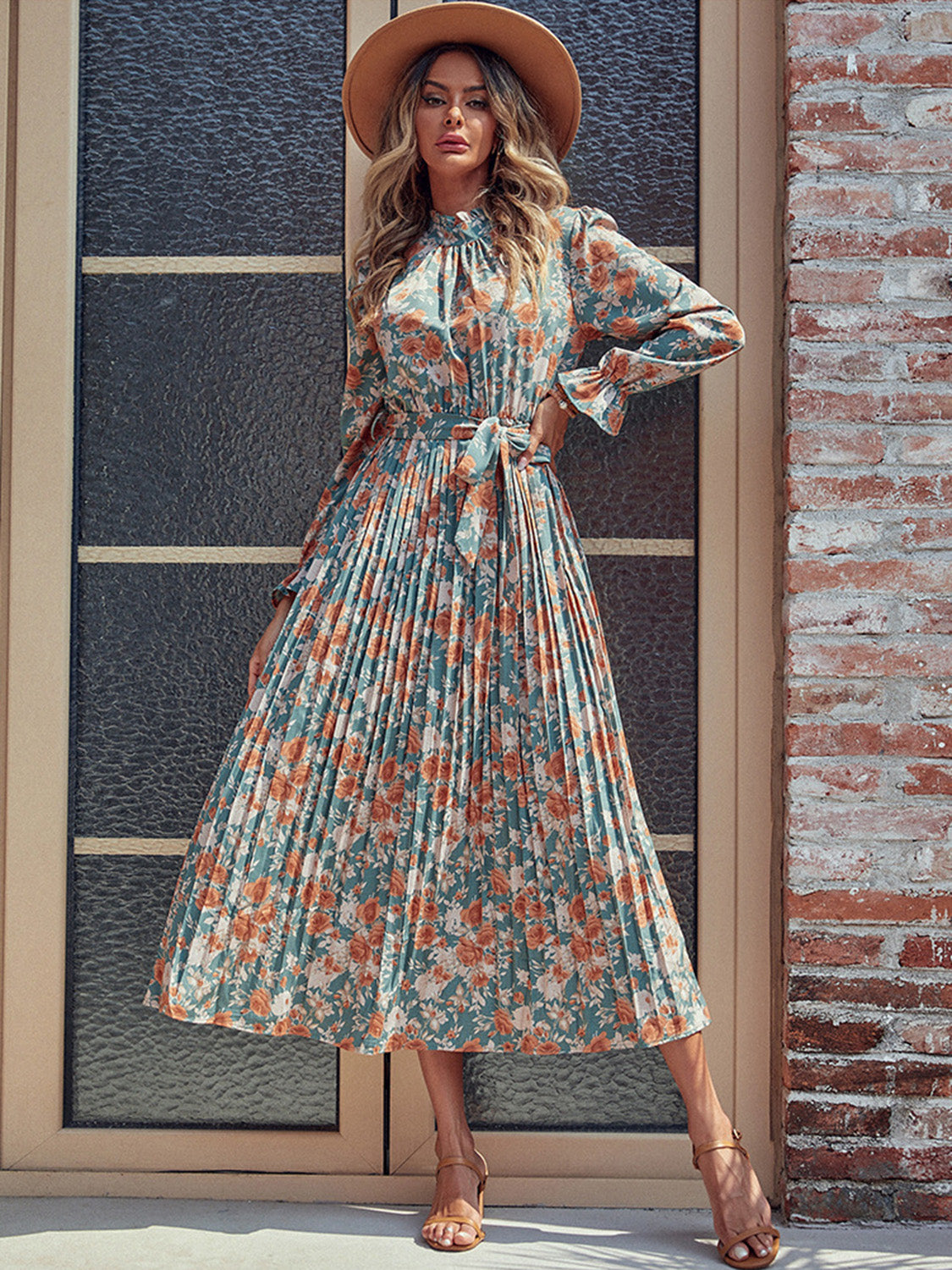 Perfee Tied Pleated Printed Mock Neck Long Sleeve Dress