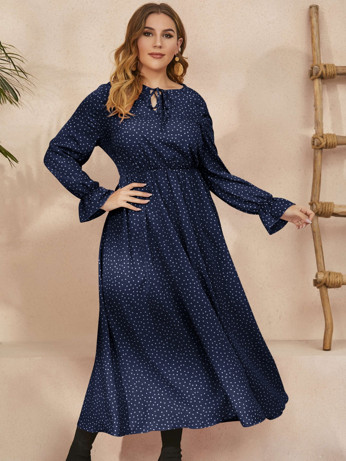 Plus Size Ruffled Polka Dot Long Sleeve Midi Dress - Three Color Choices