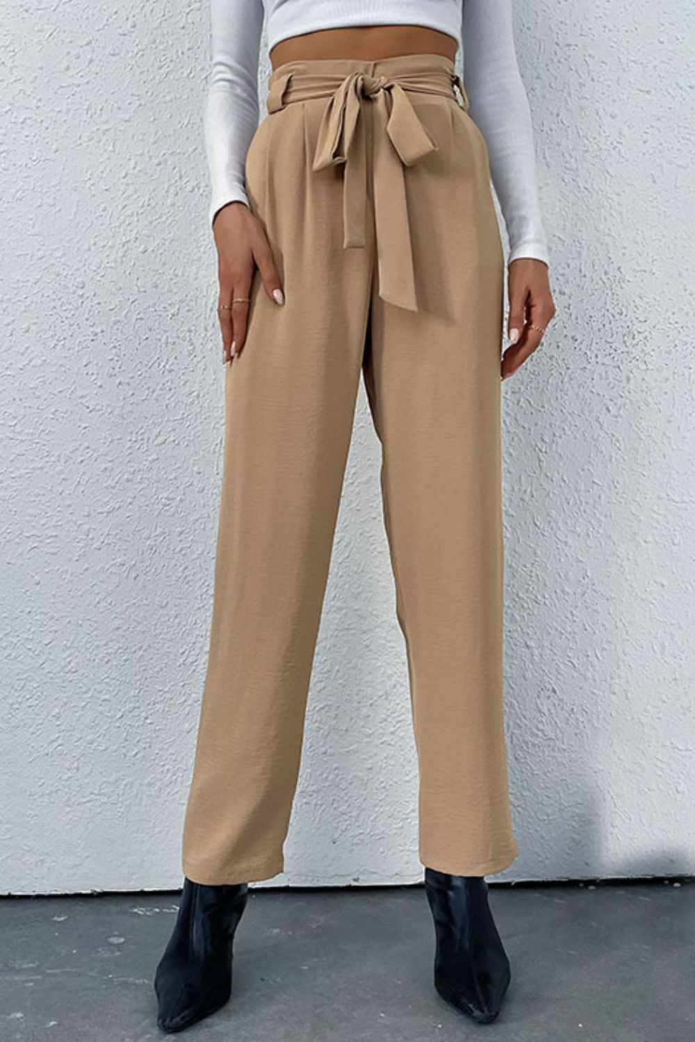 Belted Straight Leg Pants with Pockets - Khaki