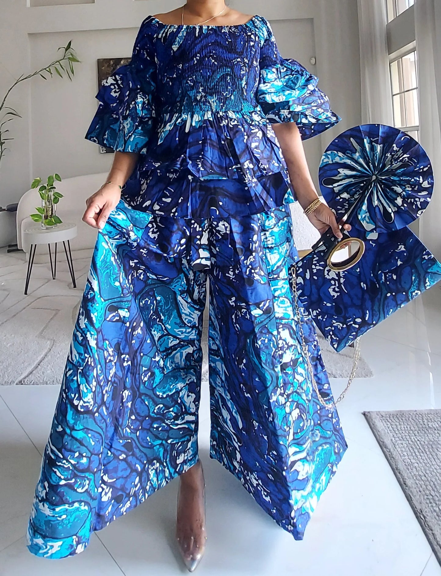 5-Piece African Ankara Pant Set - Blue Marble 019-PS14B