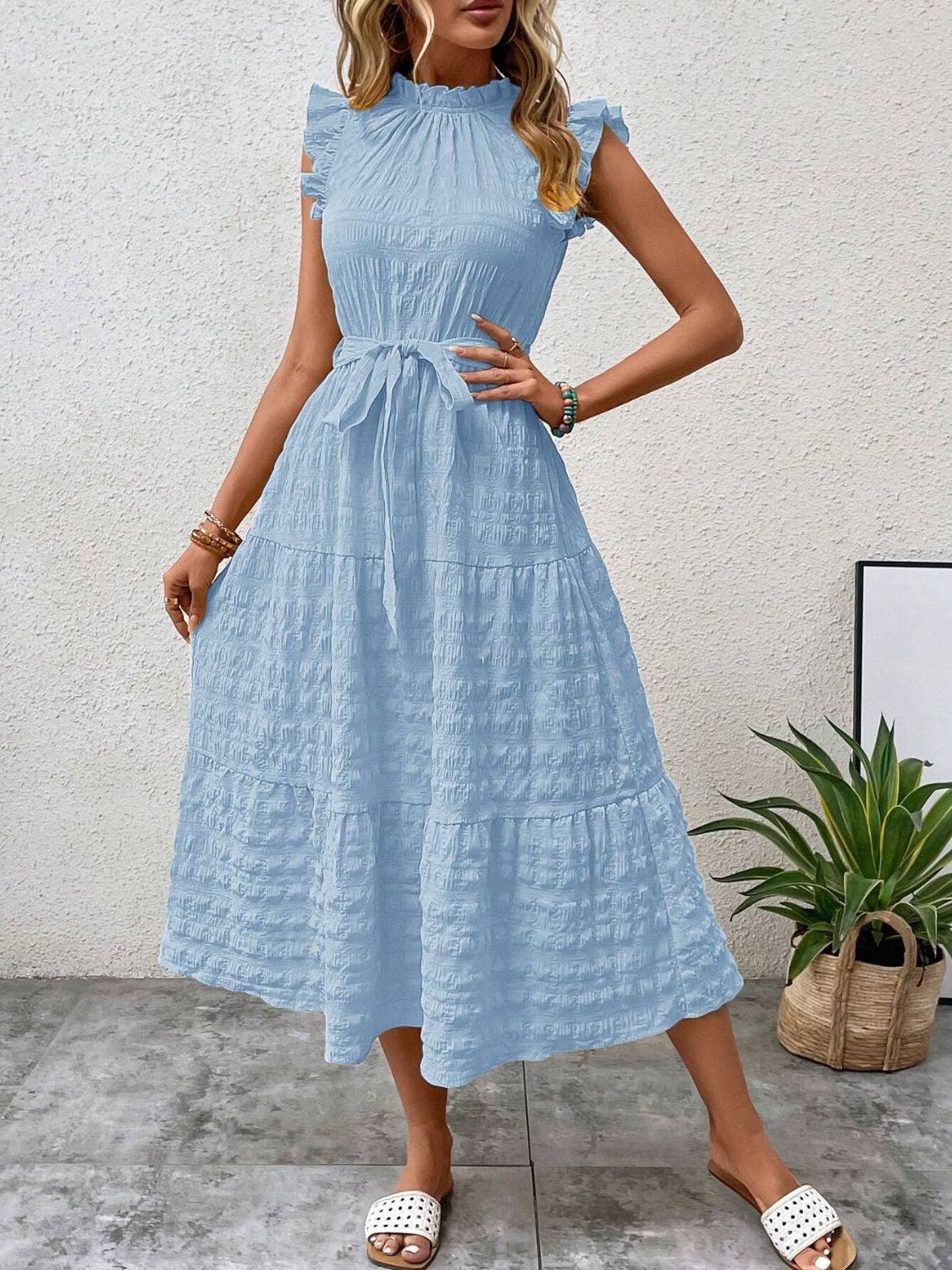 Tied Ruffled Cap Sleeve Midi Dress - 7 color choices