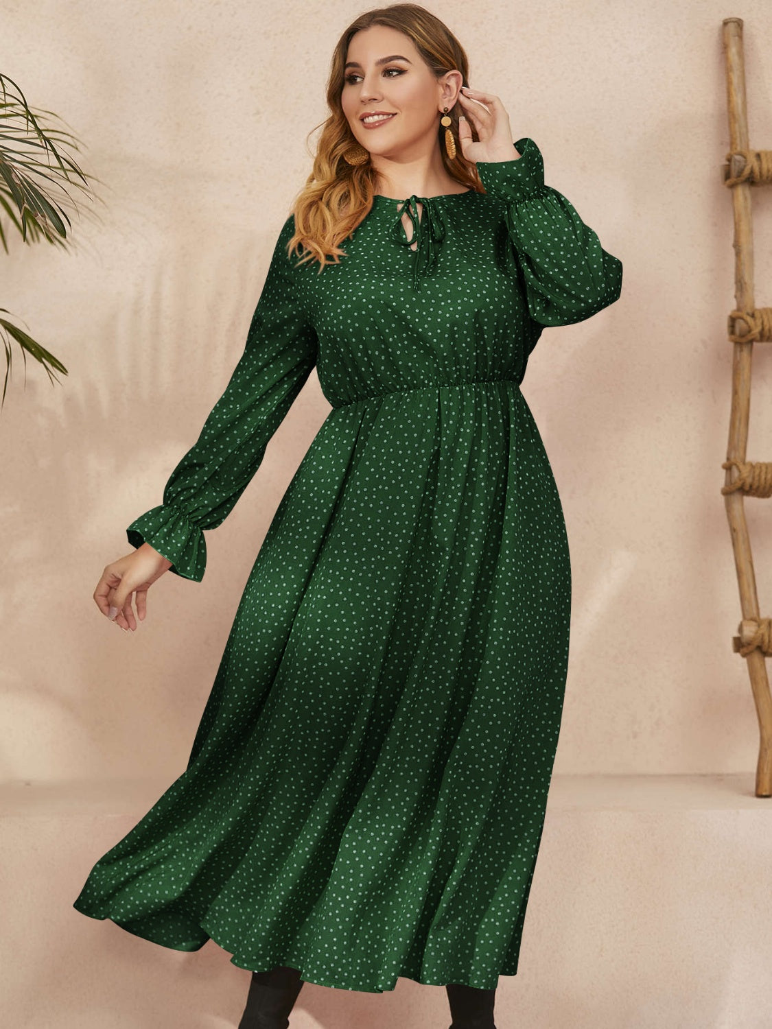 Plus Size Ruffled Polka Dot Long Sleeve Midi Dress - Three Color Choices