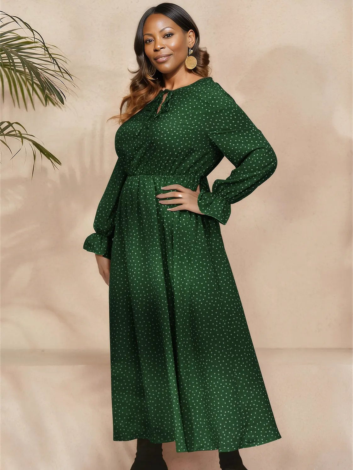 Plus Size Ruffled Polka Dot Long Sleeve Midi Dress - Three Color Choices