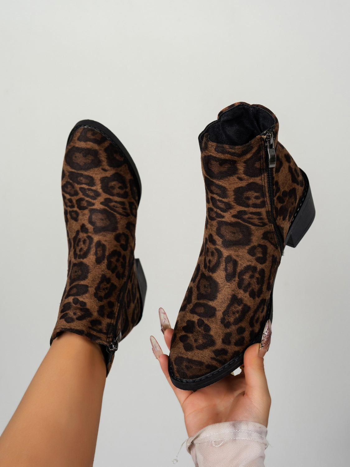 Leopard Point Toe Block Heel Boots, 2 patterns