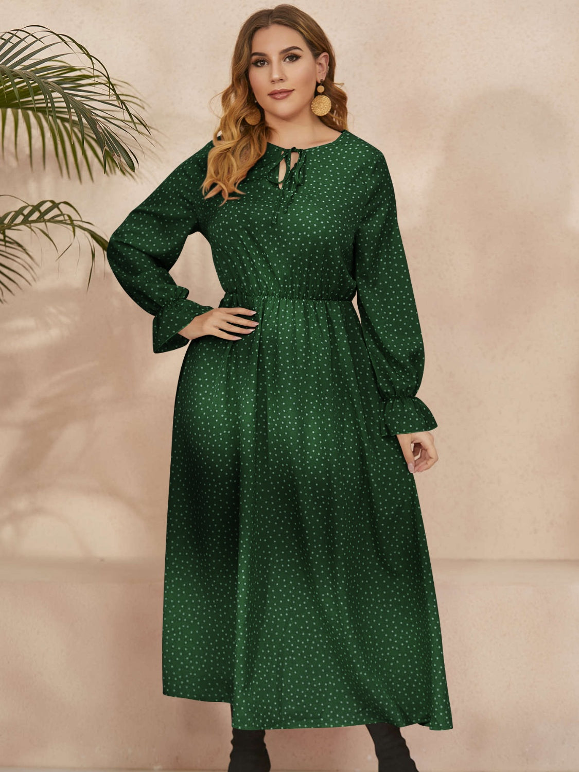 Plus Size Ruffled Polka Dot Long Sleeve Midi Dress - Three Color Choices