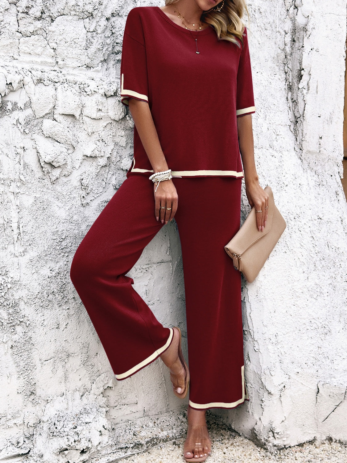 Devine Contrast Trim Round Neck Top and Pants Set, Nine Color Choices