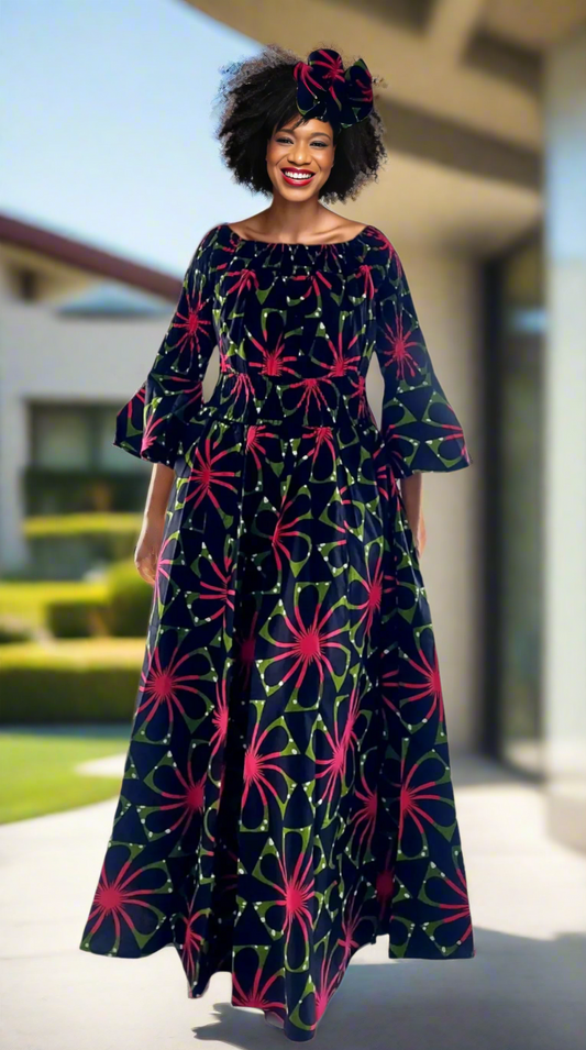 Smocked Waist Long Dress with Head Scarf - Red (Free Size)