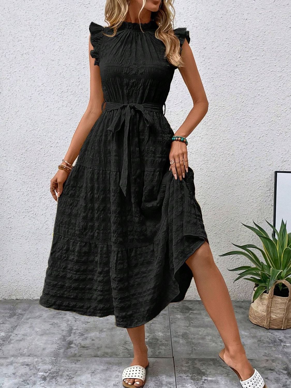 Tied Ruffled Cap Sleeve Midi Dress - 7 color choices