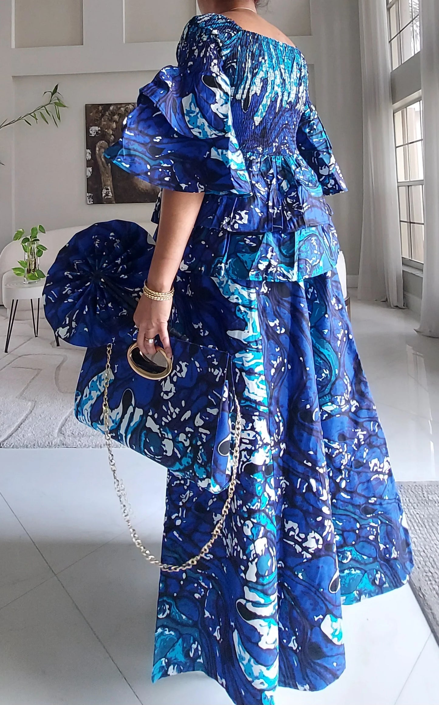 5-Piece African Ankara Pant Set - Blue Marble 019-PS14B