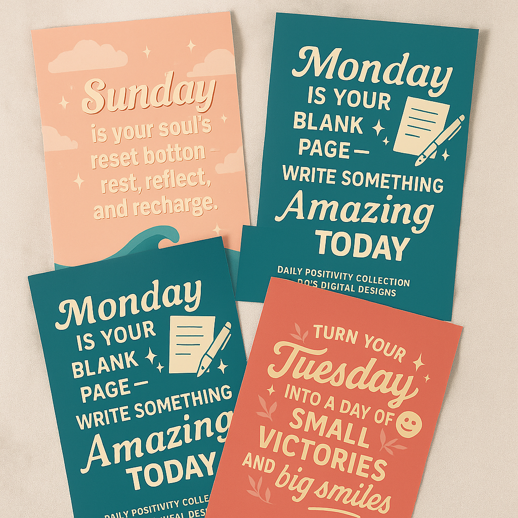 FREE DOWNLOAD: Daily Positivity Collection – 14 Motivational Day-of-Week Digital Prints | Uplifting Quotes for Wall Art, Planners & Text Messages